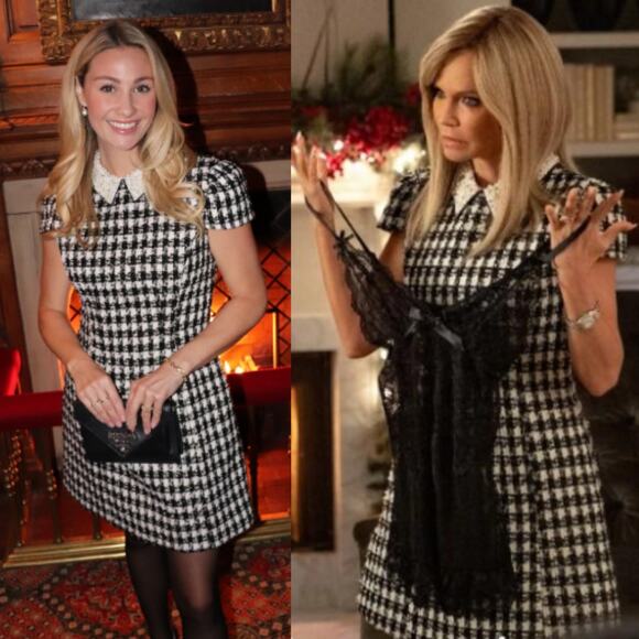 Alice + Olivia | Velia Tweed Mini Dress Black & Off White Crystal Pearl Collar 4 - Picture 2 of 16